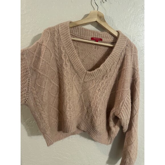 Guess Light Pink Cable Knit Relaxed V Neck Fisherman Chunky Sweater - Picture 3 of 8